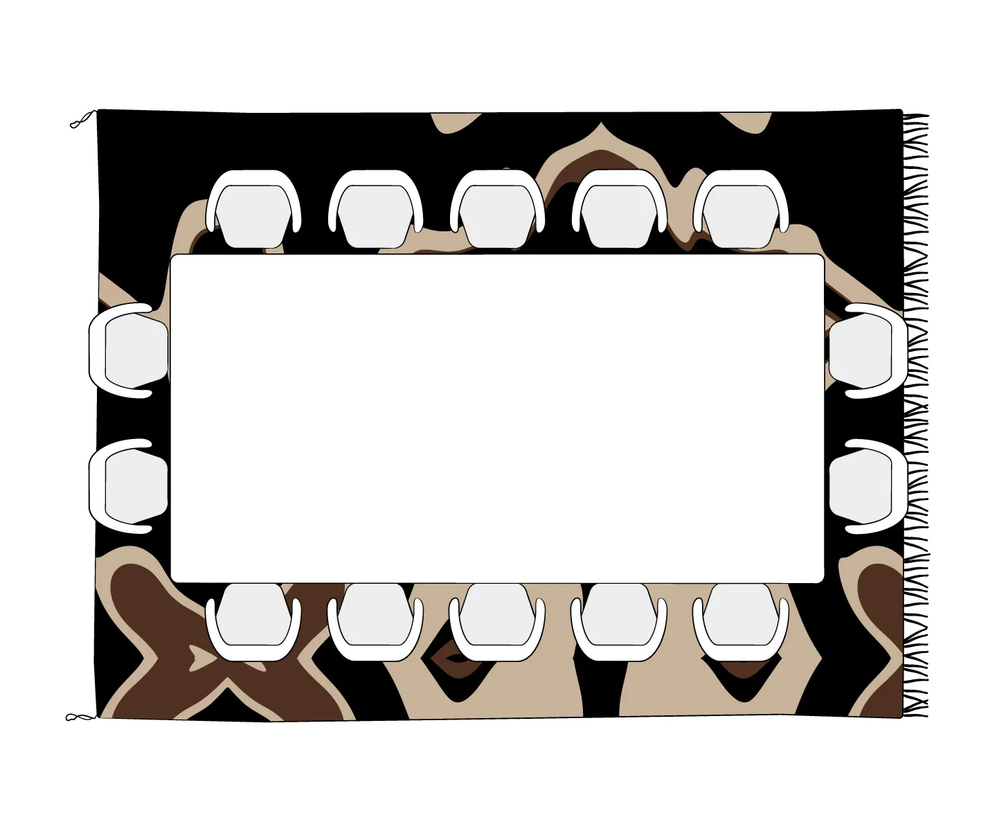 A rectangular table with twelve white chairs placed evenly around it, set on a patterned Azele Rugs carpet featuring black, brown, and beige abstract designs—perfect for inspiration in your next Buying Guide.