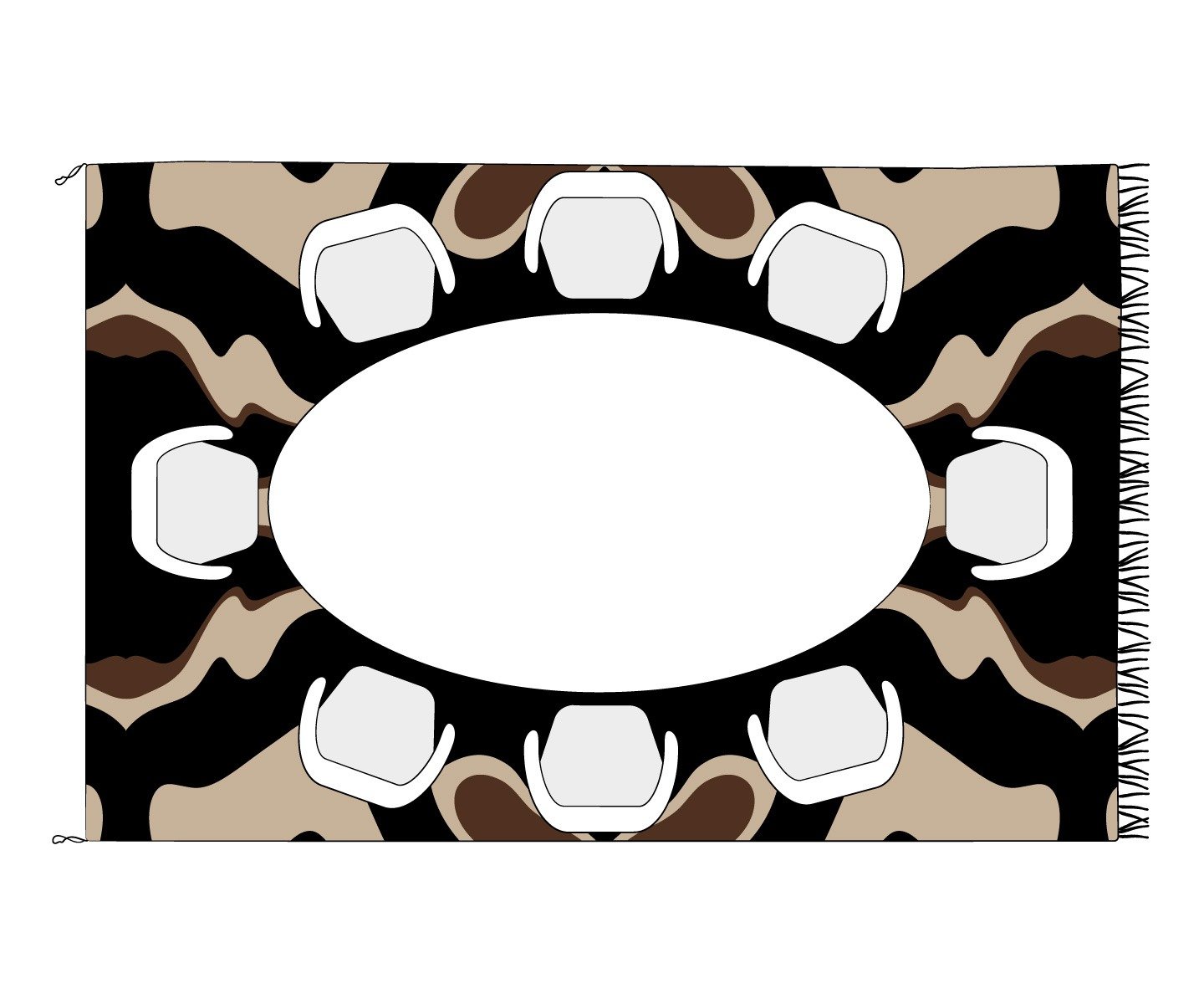 An oval table with eight chairs is depicted from above, set against a patterned background with black, beige, and brown abstract shapes—perfect inspiration for your Azele Rugs selection or home décor buying guide.