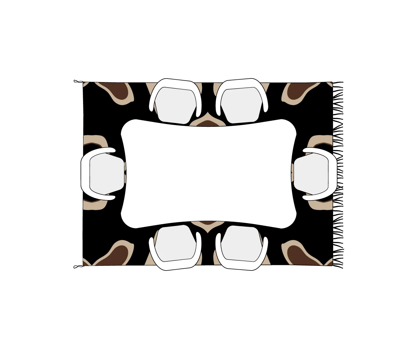 Top-down view of a rectangular table with six white chairs placed around it on a black and brown patterned Azele Rug.