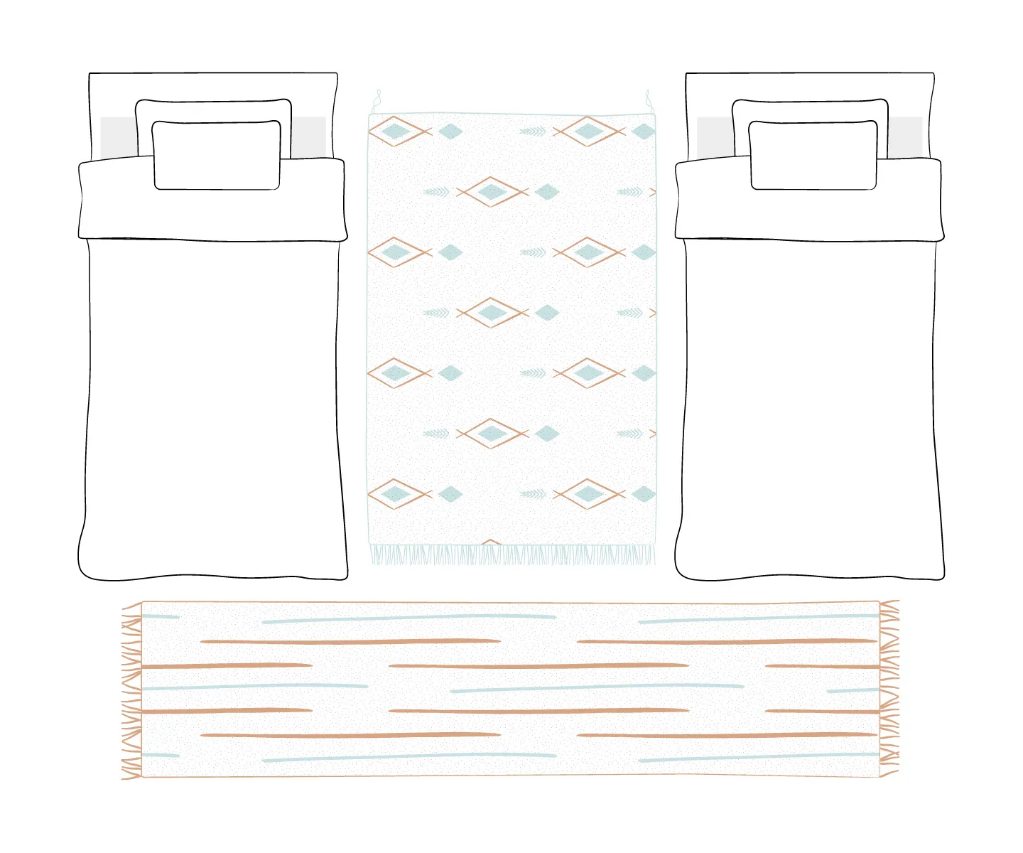 Two twin beds with pillows and blankets are placed parallel, featuring a patterned Azele Rug between them and another at the foot—see our Buying Guide for tips on choosing the perfect rug style.