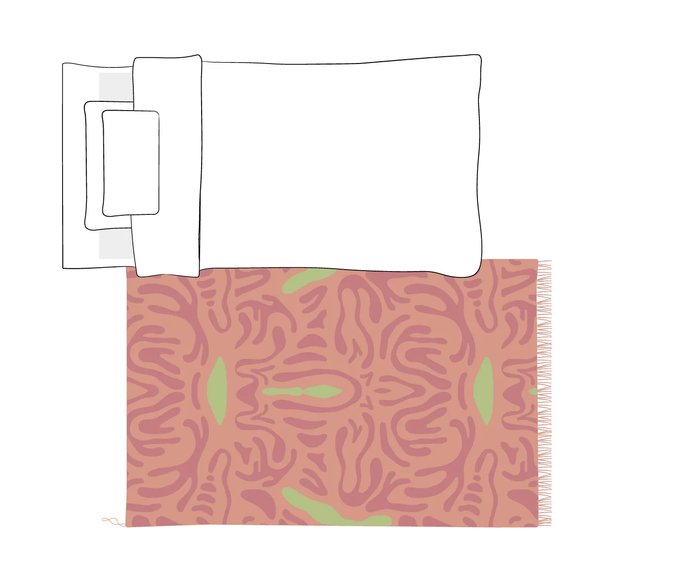 A bed with white bedding is positioned on a pink patterned Azele Rug featuring abstract designs and green accents, shown from a top-down view—perfect inspiration for your next purchase in our Buying Guide.