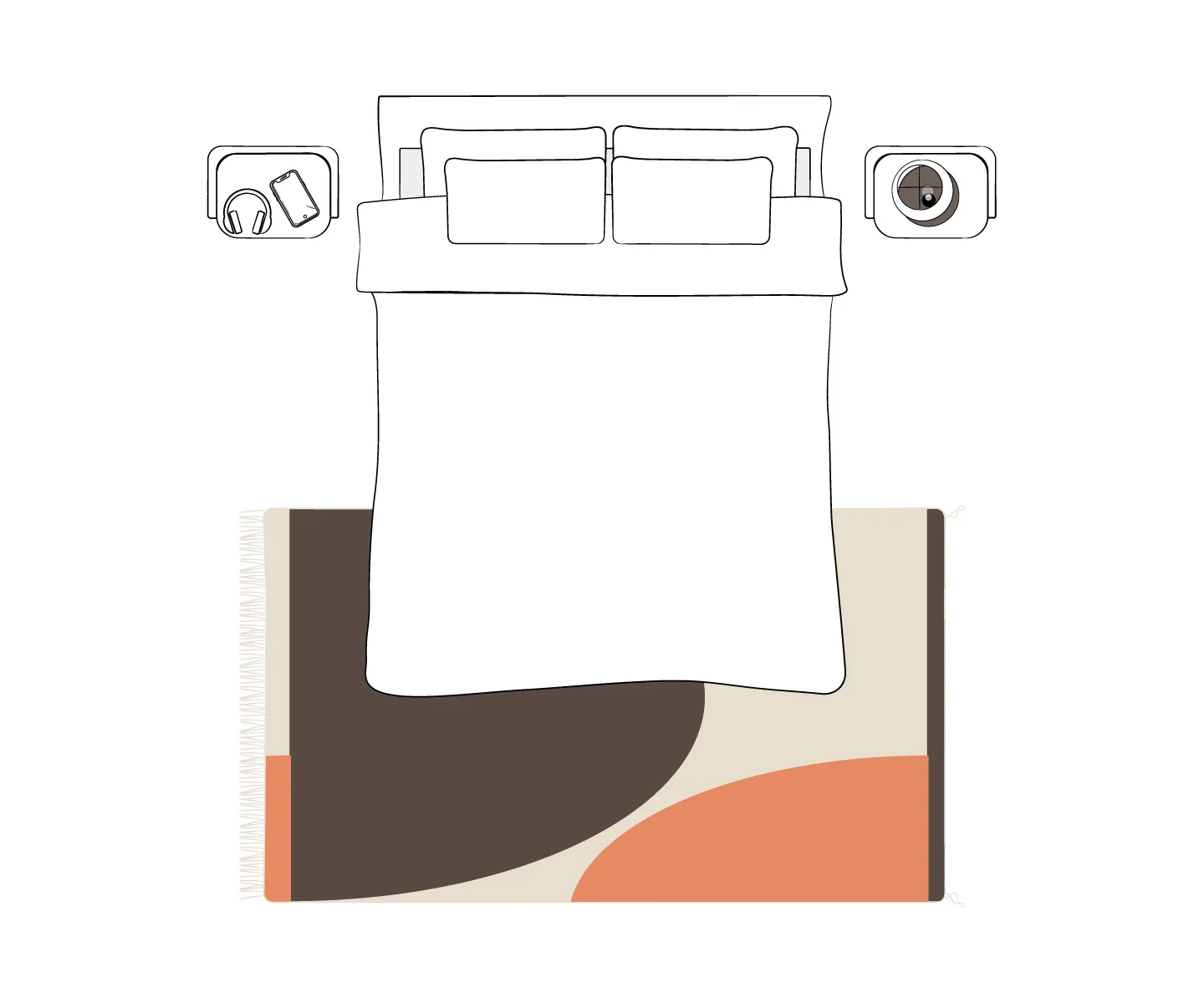 Top-down view of a bed with two pillows, flanked by nightstands holding books, headphones, and a clock, with an Azele Rugs geometric-patterned rug at the foot of the bed.