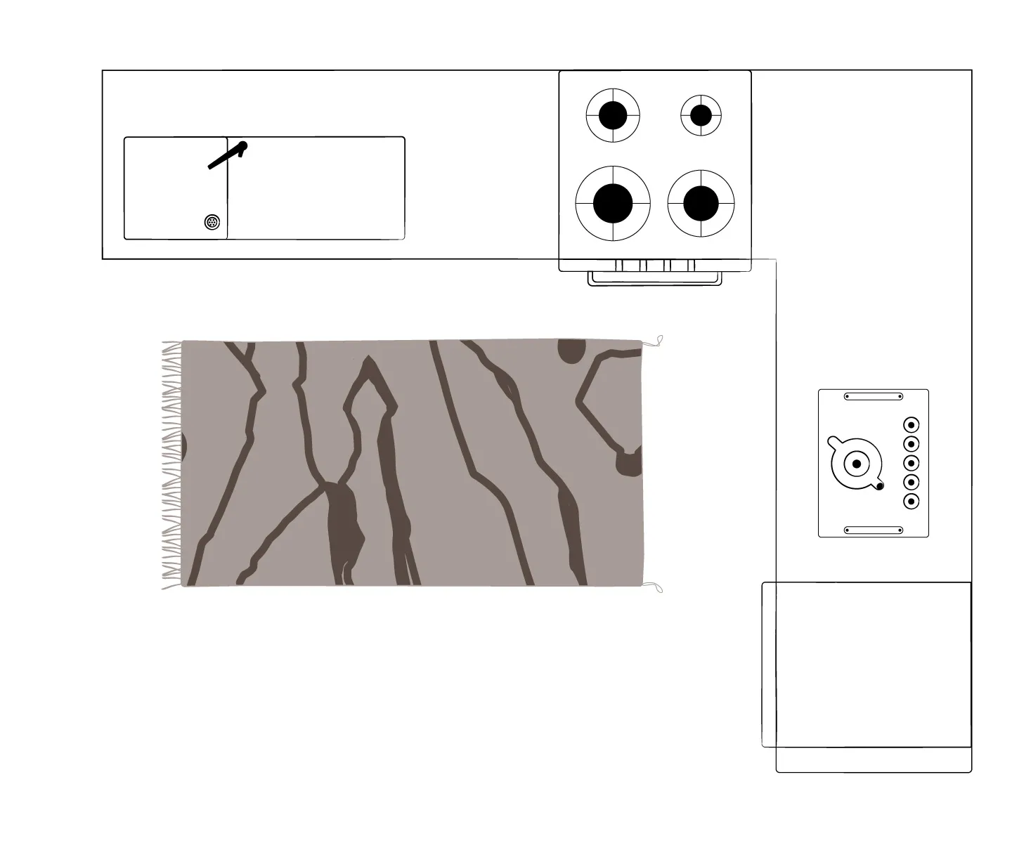 A top-down diagram of an L-shaped kitchen layout with a stove, sink, counter space, and an abstract-patterned rectangular Azele Rug—perfect inspiration for your next remodel or buying guide.