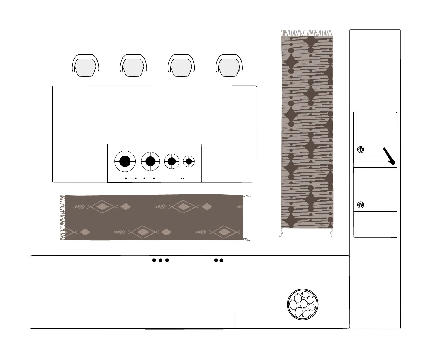 Top-down view of a kitchen layout featuring a stove, sink, dishwasher, four chairs at a counter, two patterned Azele Rugs, and a fruit bowl.
