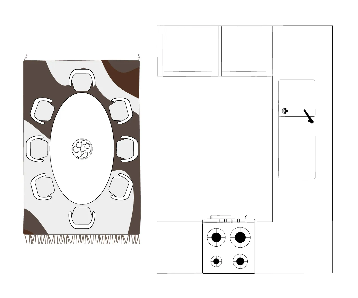 Top-down view of a dining table with seven chairs on a patterned rug—perfect for consulting the Azele Rugs Guide—next to an L-shaped kitchen counter with stove and sink.