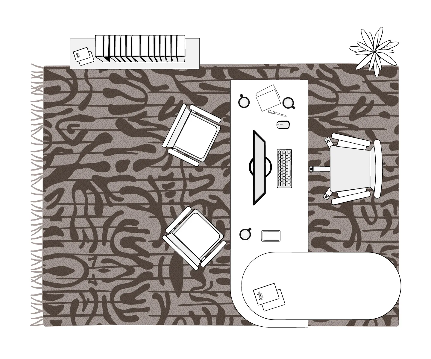 Top-down view of an office setup featuring a desk, computer monitor, three chairs, a bookshelf, and a small plant in the corner—complete your workspace with tips from our Buying Guide or choose Azele Rugs for unique abstract rug patterns.