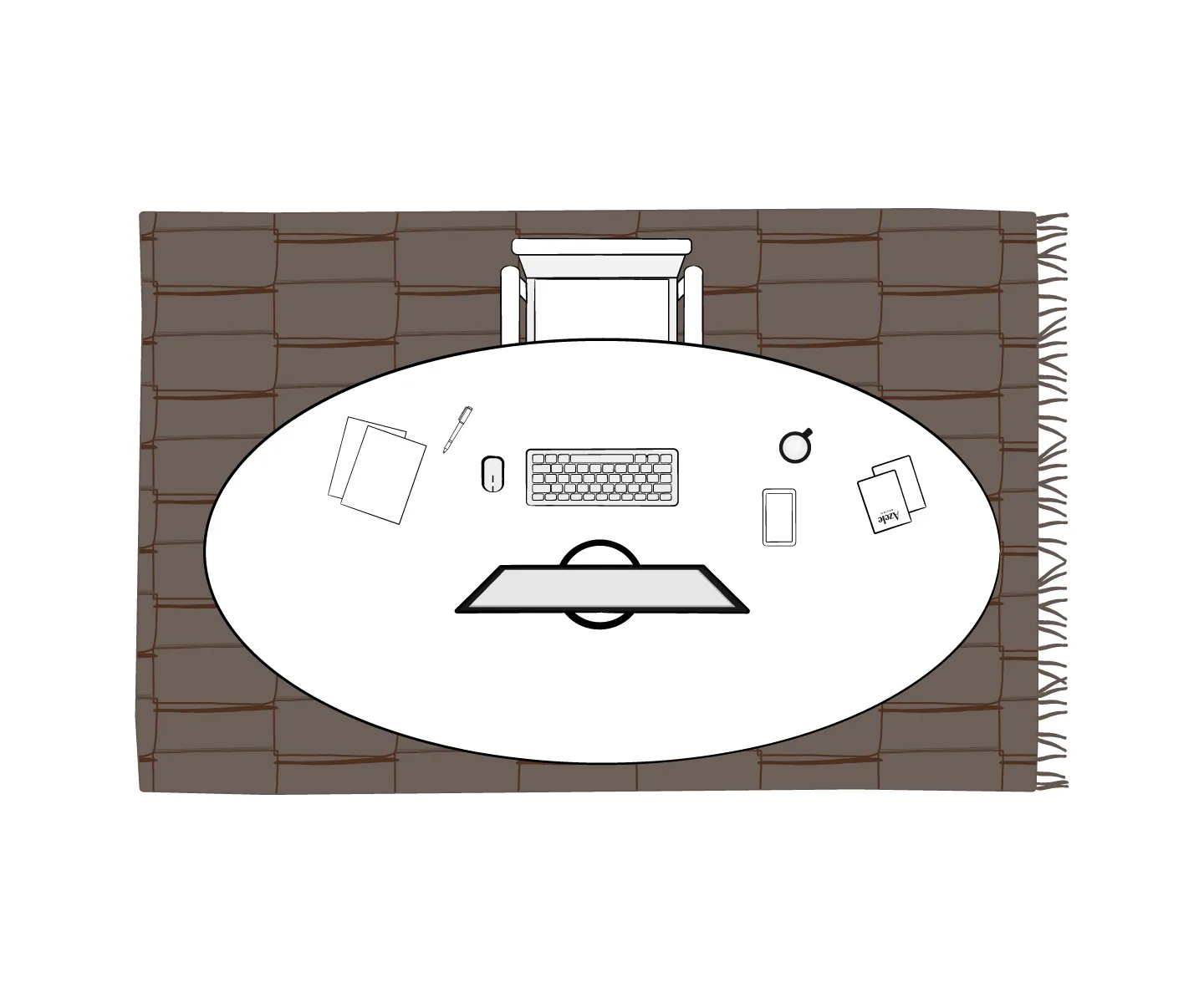 Illustration of an oval desk with a computer monitor, keyboard, mouse, notebook, coffee cup, phone, and paper, viewed from above on a checkered rug with a chair—perfect for any workspace. Explore more styles in our Azele Rug Guide.