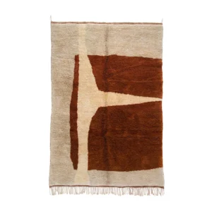 A luxurious, rectangular woven wall hanging featuring abstract beige, rust, and dark brown geometric shapes with fringe along the bottom. This piece embodies the elegance of hand-knotted rugs, adding a touch of artistic sophistication to any space.