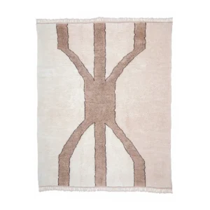 This luxurious, hand-knotted rectangular beige rug features a brown abstract pattern and elegant fringed edges.