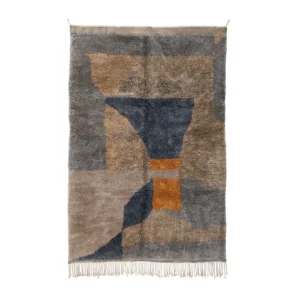 A rectangular textile wall hanging features abstract geometric patterns in gray, blue, brown, and tan hues. Enhanced with fringes at the bottom edge, it adds a touch of artistry to your living space.
