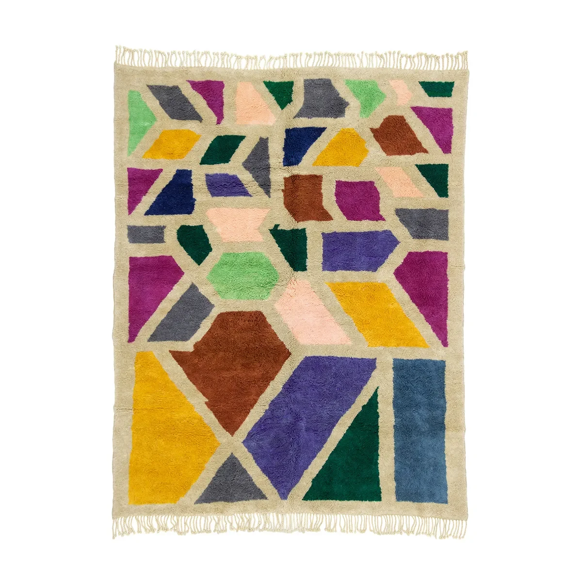 Moroccan rug with a vibrant, multicolored geometric pattern featuring assorted shapes in purple, green, yellow, and blue on a cream background.