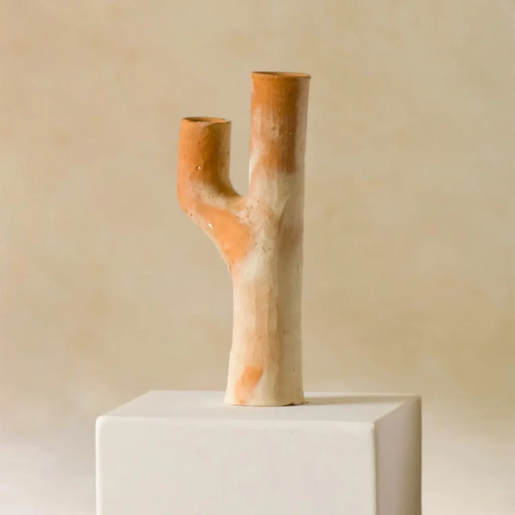 A ceramic sculpture resembling a small, simple cactus with two arms stands on a white plinth against a neutral background.