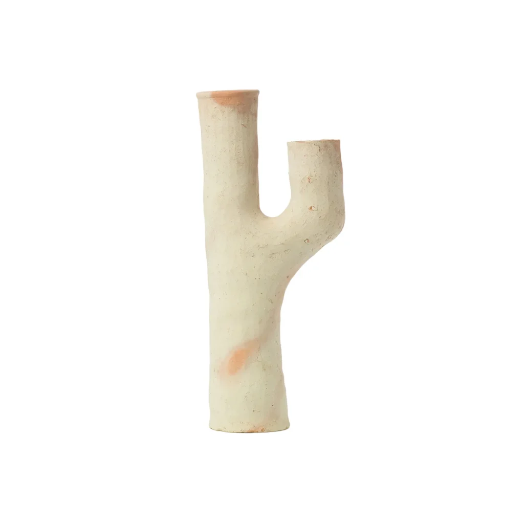 A ceramic vase shaped like a branching cactus, with two vertical hollow arms and a textured beige surface.