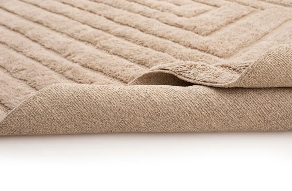 Close-up of a beige, textured piece with a folded corner, revealing a ribbed pattern akin to luxury rugs.