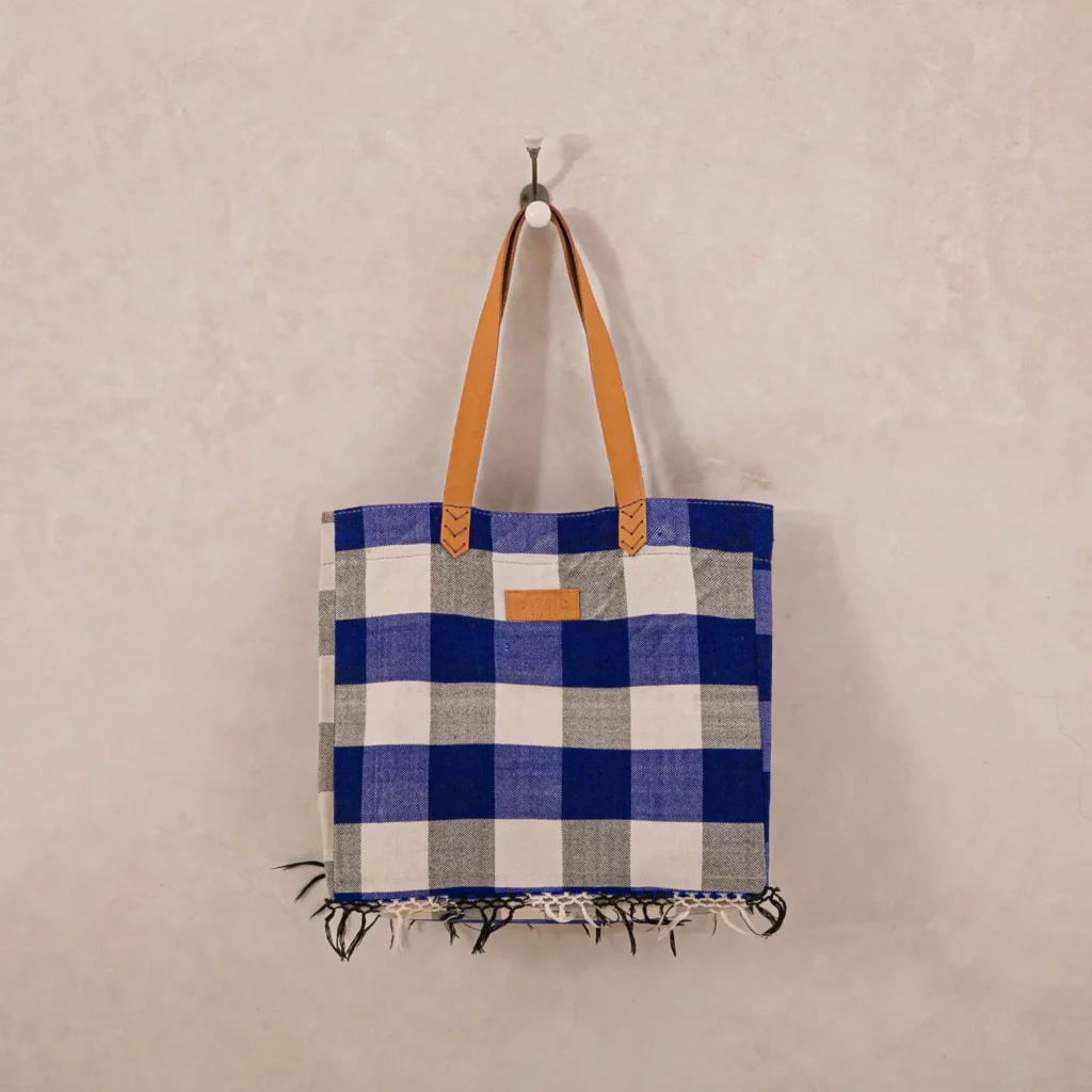 A blue and white checkered tote bag with tan handles hangs on a wall hook. The bag is adorned with fringe at the bottom.