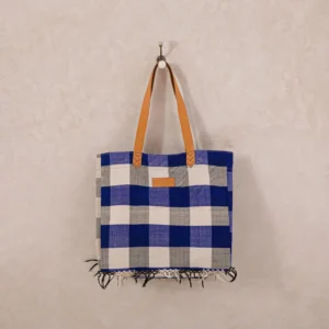 A blue and white checkered tote bag with tan handles hangs on a wall hook. The bag is adorned with fringe at the bottom.