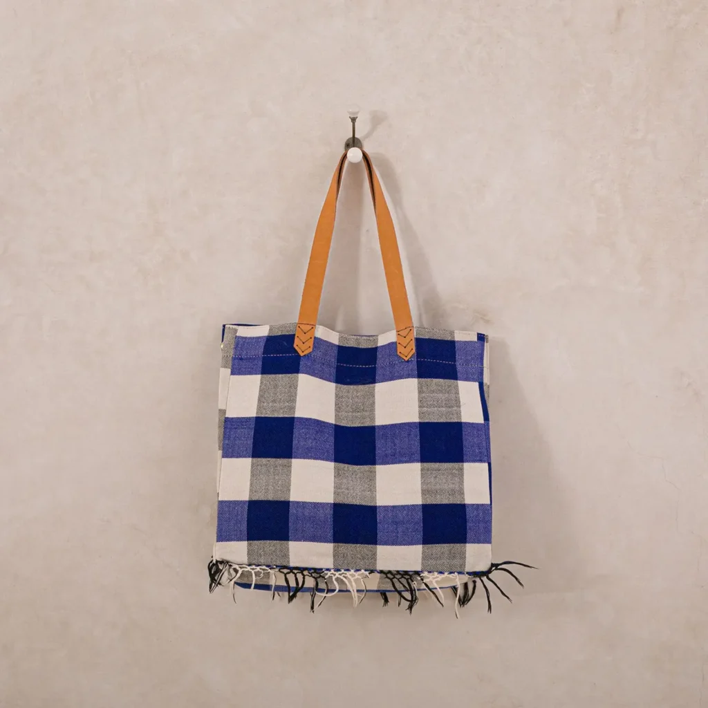 A blue and white checkered tote bag with brown handles hangs on a wall. Frayed edges visible at the bottom.