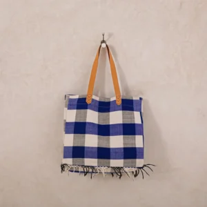 A blue and white checkered tote bag with brown handles hangs on a wall. Frayed edges visible at the bottom.