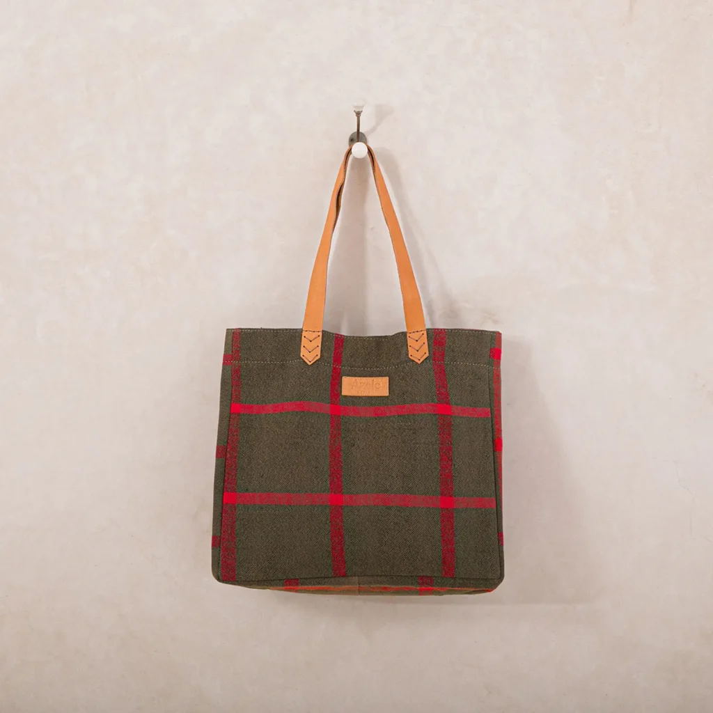 A green plaid tote bag with red stripes and brown leather handles hangs on a wall hook against a beige background.