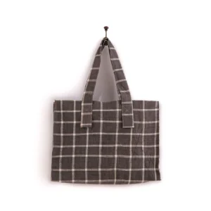 A gray plaid tote bag hangs on a single hook against a plain background.