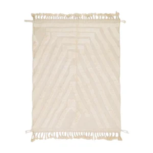 This luxury rug is a beige woven masterpiece, featuring intricate geometric patterns and fringe along the shorter edges, exuding elegance through its hand-knotted design.