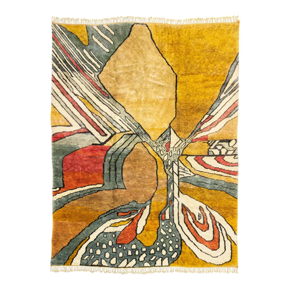 This hand-knotted luxury rug features abstract organic shapes in yellow, green, and red. The central design showcases intersecting forms with distinct color sections, all complemented by fringed edges on top and bottom for an exquisite finish.