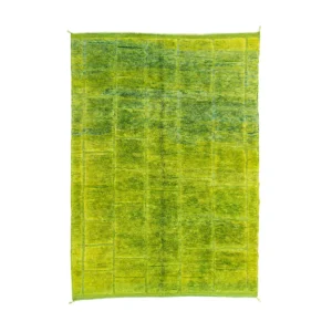 This handcrafted, rectangular green rug features a textured grid pattern, evoking the artistry of Authentic Moroccan Rugs. Set against a white background, it exudes timeless elegance and charm.