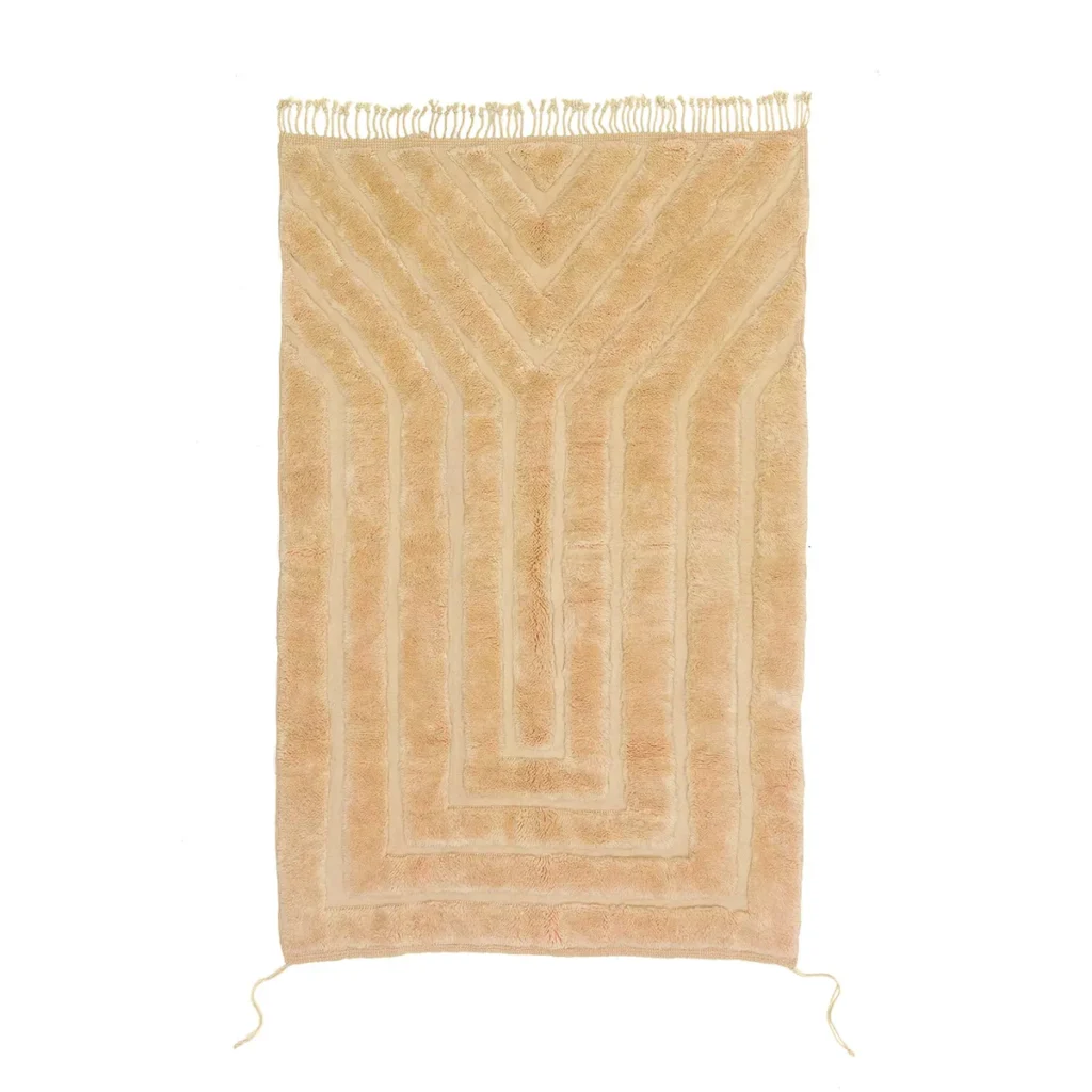 This hand-knotted beige rectangular rug features a geometric pattern of concentric lines, adding a touch of luxury to any space. The rug is elegantly finished with fringe details on the top edge and loose tassels at the bottom corners.