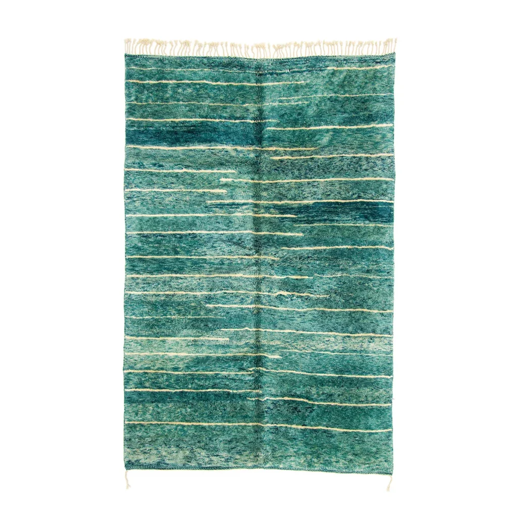 A luxurious rectangular blue and green striped rug with fringed edges, skillfully hand-knotted for a refined finish. Displayed flat against a white background, this piece radiates elegance.