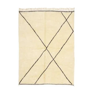 This hand-knotted beige rug showcases black geometric lines forming diamond shapes, complemented by fringed edges. A true embodiment of luxury, it adds an elegant touch to any room.