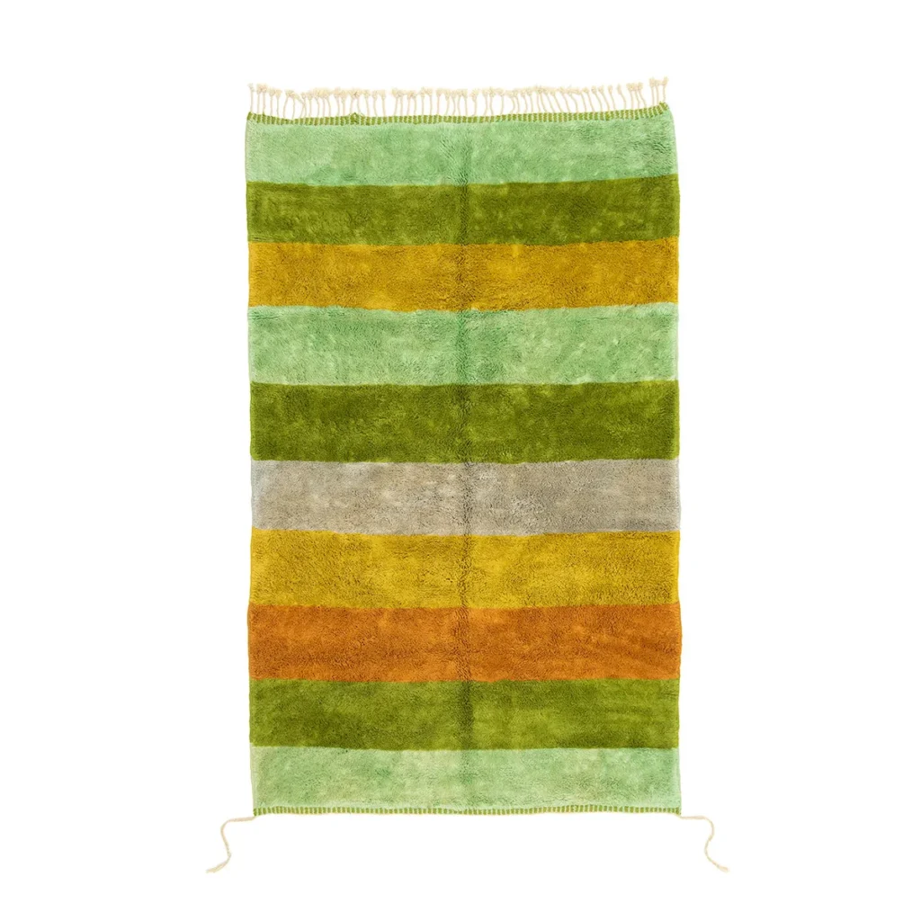 Experience the elegance of this luxury, hand-knotted rectangular rug. It boasts horizontal stripes in shades of green, yellow, orange, and beige with fringes along the top and bottom edges, set against a crisp white background. A perfect piece for any handmade home decor collection.