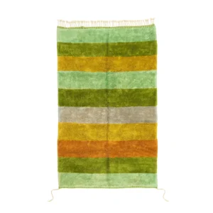 Experience the elegance of this luxury, hand-knotted rectangular rug. It boasts horizontal stripes in shades of green, yellow, orange, and beige with fringes along the top and bottom edges, set against a crisp white background. A perfect piece for any handmade home decor collection.