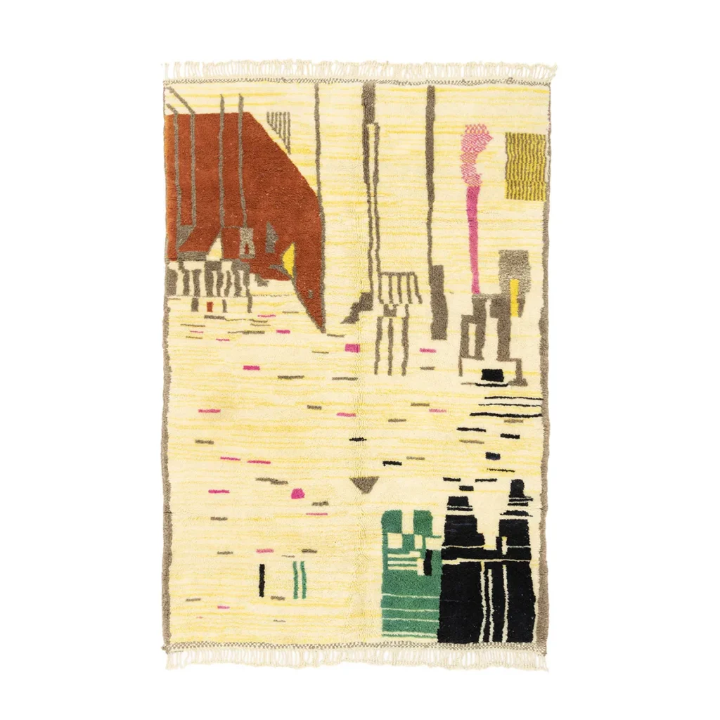 Experience the elegance of luxury with this geometric-patterned, hand-knotted rug. It features captivating abstract shapes in hues of brown, green, pink, and black on a vibrant yellow background, adding a touch of sophistication to any room.