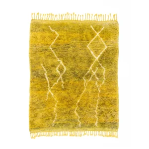 Luxurious yellow shaggy rug featuring white geometric patterns and fringed edges.