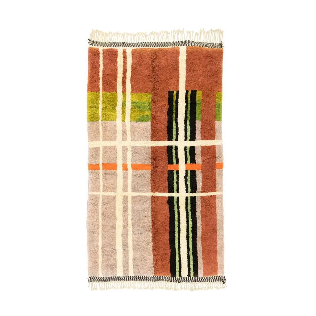 Discover a luxurious rectangular rug with an abstract design in earthy tones, highlighted by orange, green, black, and white stripes. This hand-knotted masterpiece features fringed edges, adding a touch of sophistication to any space.