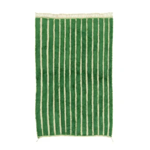 Experience the elegance of an artisanal rug, featuring green-and-cream stripes and fringed edges on a pristine white background. This hand-knotted piece adds a touch of sophistication to any room.