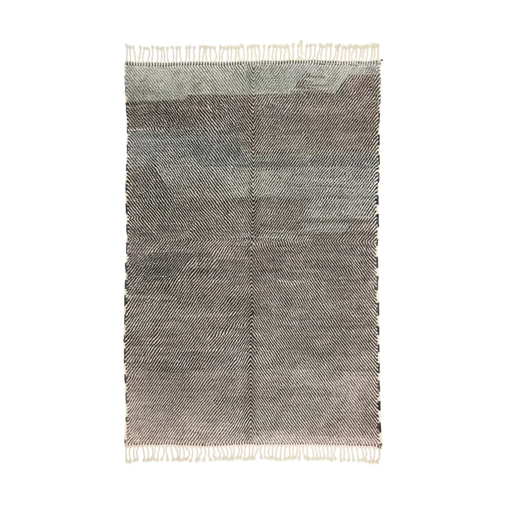 Discover the elegance of luxury rugs with this hand-knotted, rectangular fringed rug featuring a checkered pattern of diagonal brown and white lines. Its design consists of four squares with alternating line directions, making it a unique piece of handmade home decor.