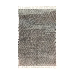 Discover the elegance of luxury rugs with this hand-knotted, rectangular fringed rug featuring a checkered pattern of diagonal brown and white lines. Its design consists of four squares with alternating line directions, making it a unique piece of handmade home decor.