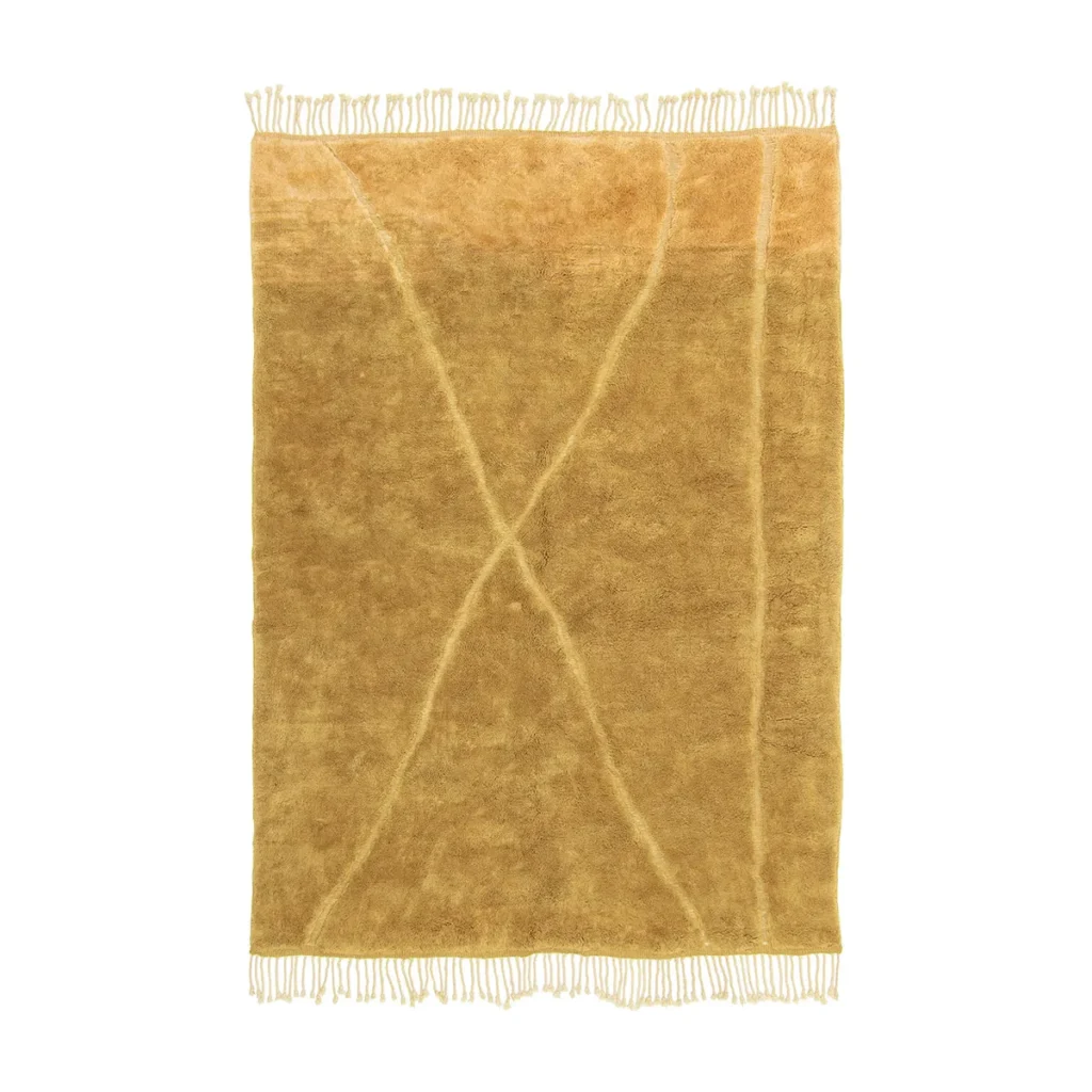 This artisanal rug is a hand-knotted, rectangular piece featuring a brown hue with an overlapping line pattern and fringed edges.