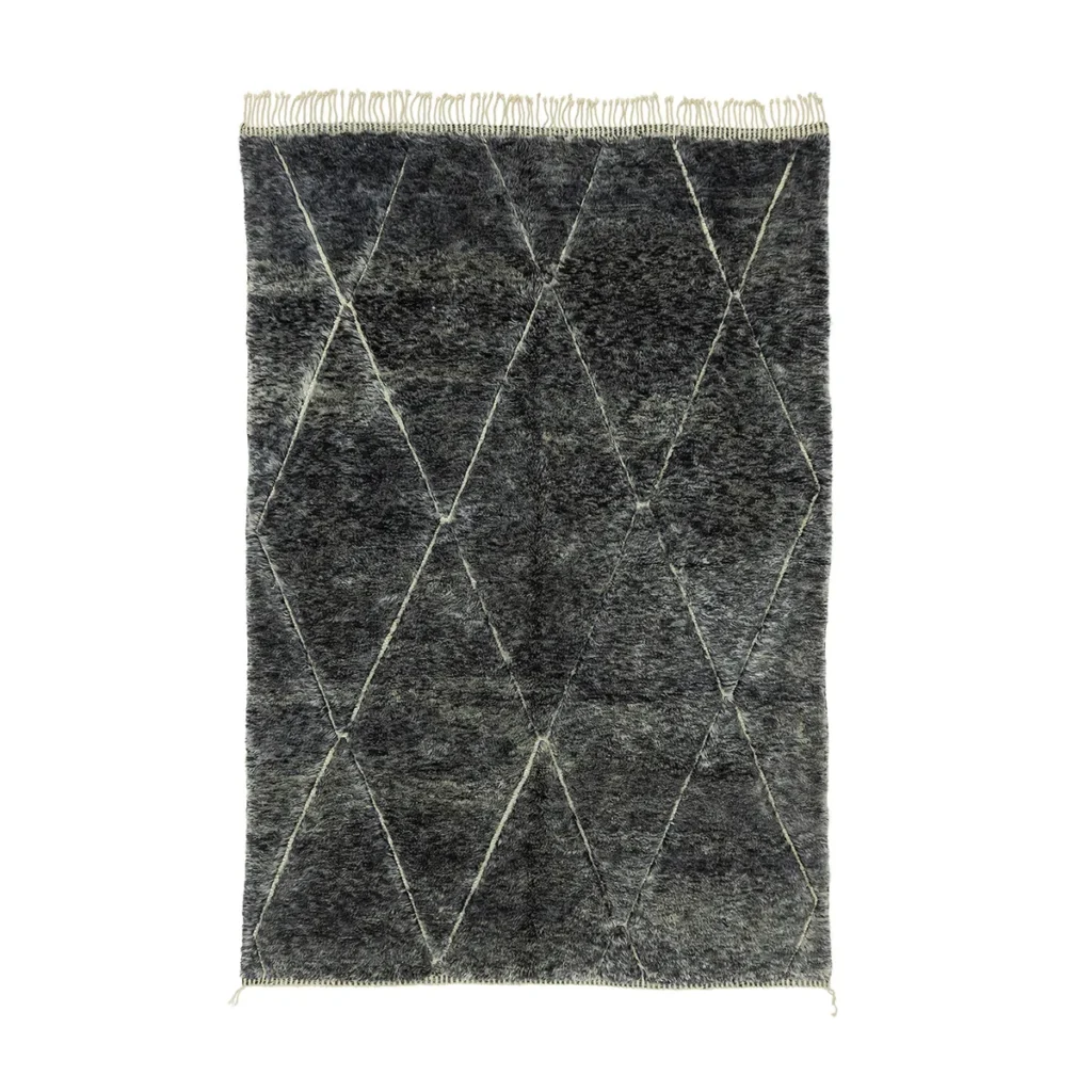 A dark gray textured artisanal rug with a diamond pattern, fringes on the short sides, and various shades creating a subtle gradient effect.