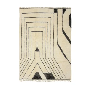 This artisanal rug features a series of geometric black lines forming nested angular shapes on a beige background. Hand-knotted for authenticity, the piece is finished with fringes on the shorter edges, offering an authentic Moroccan touch to your space.