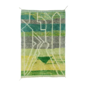 Hand-knotted abstract tapestry showcasing geometric shapes and lines in green, blue, and yellow hues with a central triangular pattern set against a textured background. This artisanal rug embodies timeless elegance and craftsmanship.
