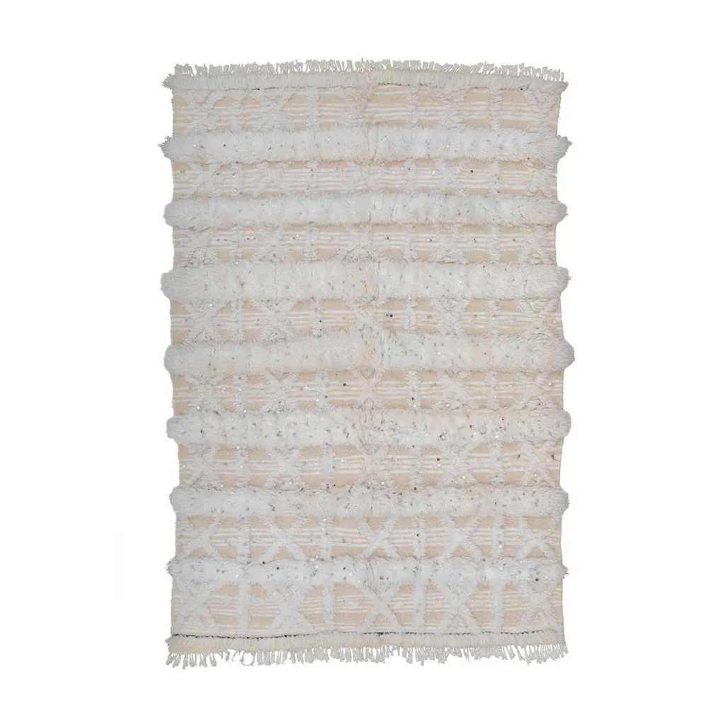 Discover the elegance of this hand-knotted, beige and white textured rug with fringe. Its luxurious geometric pattern of lines and diamond shapes adds a sophisticated touch to any room.