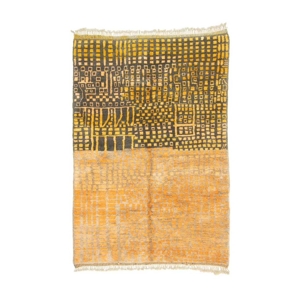 Handcrafted A rectangular woven rug with a geometric pattern. The top half is yellow-green with small squares, and the bottom half is orange with larger rectangles. Fringes are on both ends.