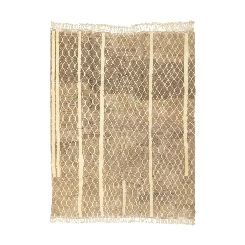 An authentic Moroccan rug featuring a beige and brown diamond lattice pattern with fringe edges, beautifully laid flat on a white background.