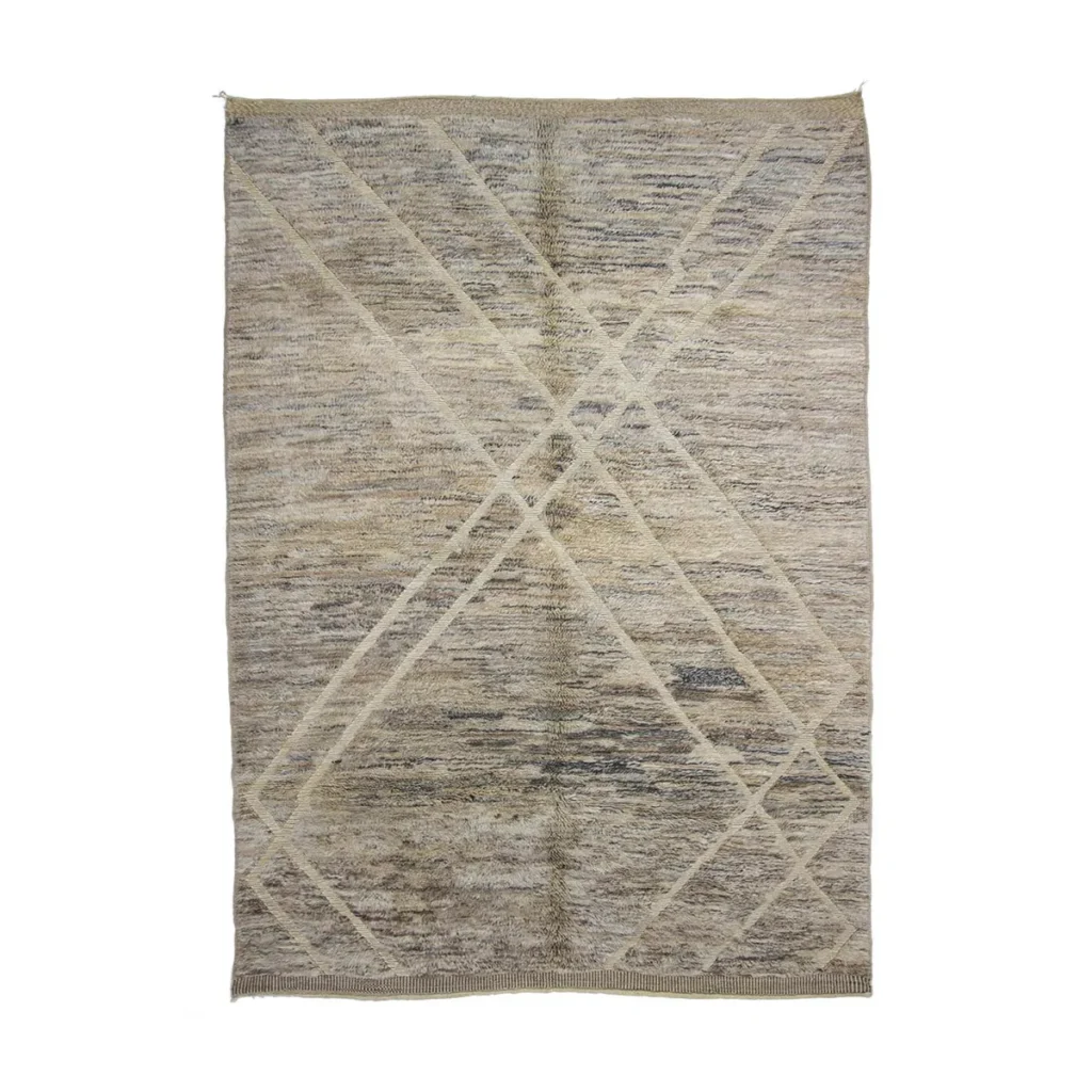Discover an artisanal rug with a beige and brown palette, featuring an abstract crisscross pattern. This hand-knotted piece brings an authentic touch of Moroccan artistry to any room, combining elegance and tradition in its design.