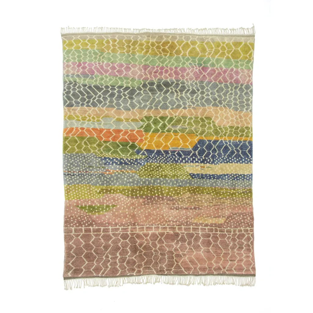 This artisanal rug showcases a vibrant pattern of parallel bands in pink, green, orange, yellow, and blue with white geometric designs. Hand-knotted with precision, its intricate craftsmanship adds a touch of elegance to any space.