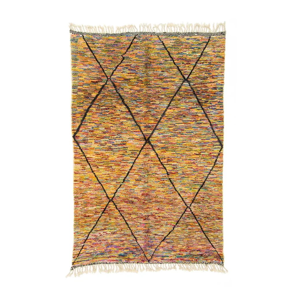 This hand-knotted artisanal rug features a vibrant multicolored background with large intersecting diamond shapes outlined in black, complete with fringed edges.