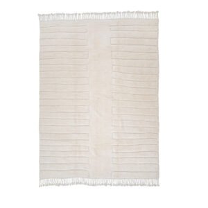 Discover the elegance of a cream-colored rectangular rug, artfully hand-knotted with subtle raised stripes and delicate fringe on the shorter edges. This piece epitomizes handmade home decor and effortlessly adds sophistication to any space with its luxurious touch.