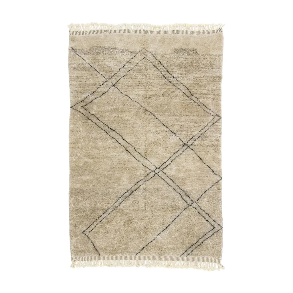This hand-knotted beige area rug showcases abstract diamond patterns in dark brown and features tasseled edges, giving it the allure of authentic Moroccan rugs.
